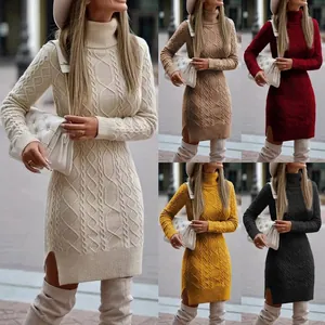 Damen Zopfmuster Rollkragen Strickkleid Slim Fit Langarm Warm Acryl Midi Strickmode Für Herbst Winter Damen Lässig