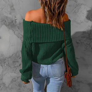 Back view of a dark green off-shoulder chunky knit sweater for women