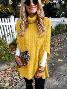 Gele coltrui poncho voor dames, grofgebreide oversized trui voor de herfstmode