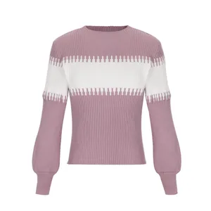 Close-up of color-block striped knit sweater with lantern sleeves and crew neck