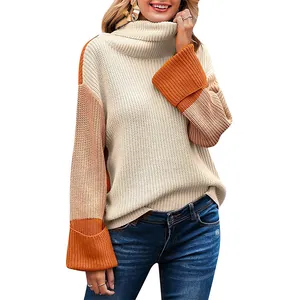 Women's color-block turtleneck knitted sweater with long sleeves in cream and orange