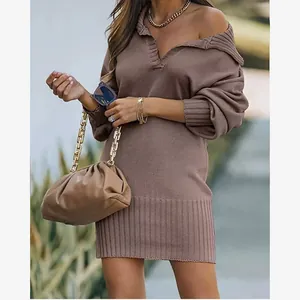 Detail of brown knit sweater dress featuring lapel collar and lantern sleeves