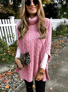 Elegante roze gebreide coltrui-poncho voor dames, perfect voor een herfstachtige look