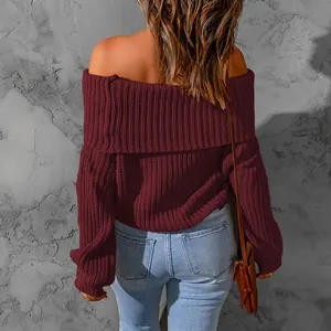 Back view of elegant wine red off-the-shoulder knitted sweater with ribbed texture