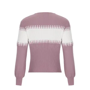 Back view of a purple and white color block ribbed knit sweater with lantern sleeves.