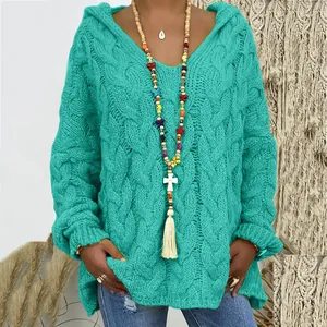 Maglione con cappuccio in maglia a trecce verde acqua da donna con vestibilità comoda