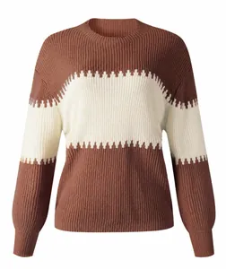 Full view of brown and cream striped knit sweater showcasing the lantern sleeve detail