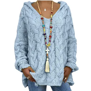 Womens casual light blue cable knit hooded sweater featuring a V-neck and loose fit