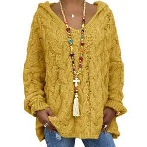 Pull à capuche pour femme en tricot torsadé jaune vif avec coupe décontractée et col en V