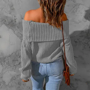 Detailed back view of a stylish grey off-the-shoulder ribbed knit sweater for women