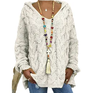 Cozy women's chunky cable knit hooded sweater with V-neck and loose fit in ivory white
