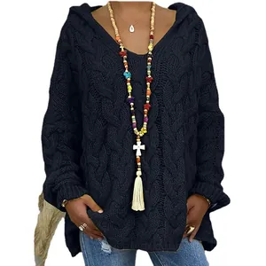 Womens navy blue cable knit hooded sweater V-neck long sleeve casual loose pullover top