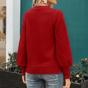 Back view of red long-sleeved knitted pullover sweater with puffy sleeves