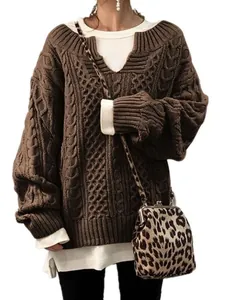 Damen Casual Acryl Zopfmuster Pullover Lockerer V-Ausschnitt Langarm Strickpullover Grobstrick Weicher Warmer Jumper Top Für Herbst Winter