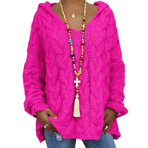 Sweat à capuche en maille torsadée fuchsia pour femme, coupe décontractée confortable