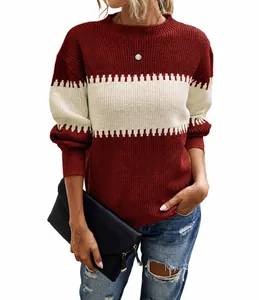 Casual crew neck color-block striped sweater with long lantern sleeves for women