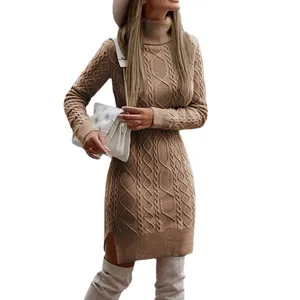 Elegantes Rollkragen-Strickkleid mit Zopfmuster, schmale Passform für Herbst und Winter