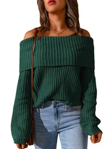 Elegant dark green off-the-shoulder loose ribbed knit sweater for women's winter fashion.