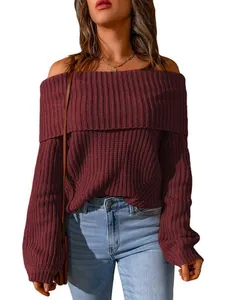 Elegant maroon off-the-shoulder ribbed knit sweater featuring a loose and casual fit design