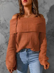 Stylish off-shoulder rust orange chunky knit sweater with a loose and relaxed fit.