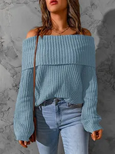Chic blue off-the-shoulder loose knit sweater for women, perfect for winter layering style.