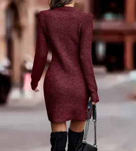 Elegant back view of a chic wine red long-sleeved knit bodycon dress with ribbed texture.