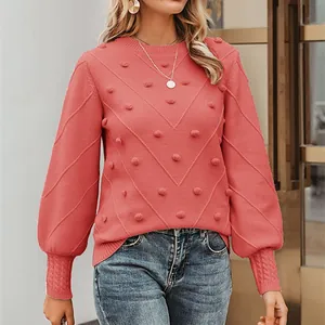 Elegant pink crew neck knit sweater with bobble texture and V-pattern details