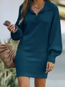 Elegant dark teal knit midi sweater dress featuring a lapel collar and lantern sleeves