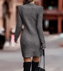 Close-up of the back view of a grey long-sleeved bodycon ribbed knit dress for women