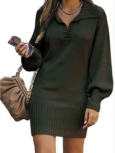 Chic olive green knitted sweater dress with lapel collar and stylish lantern sleeves