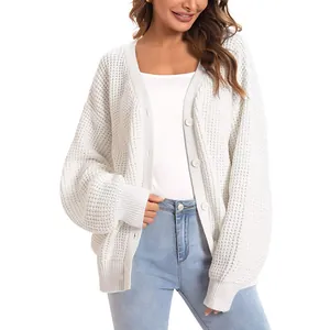 Women's loose white knitted cardigan sweater with single-breasted buttons for autumn