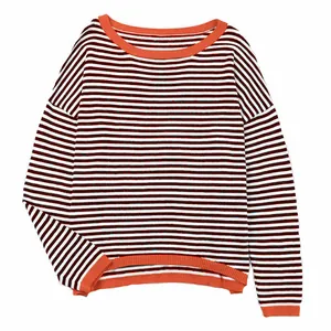 Close-up of the striped color-block knit sweater with orange ribbed hem and drop shoulder