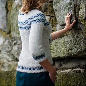 Detailed view of the chevron patterns on this round neck color-blocked knit sweater