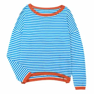 Close-up detail of the blue and white striped knit sweater with orange ribbed trim.