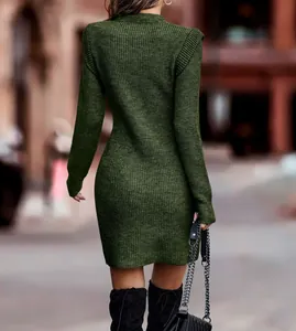 Back detail view of a dark green ribbed knit long-sleeved bodycon sweater dress for women