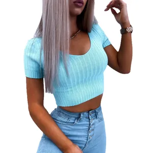 Σέξι γαλάζιο πλεκτό crop top με κοντό μανίκι στενή εφαρμογή γυναικεία μπλούζα