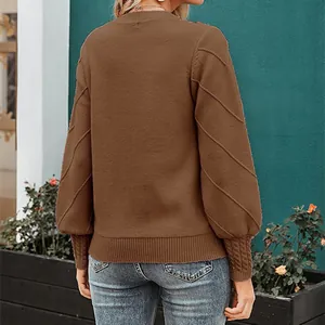 Back view of brown knit pullover sweater with elegant lantern sleeves and ribbed cuffs
