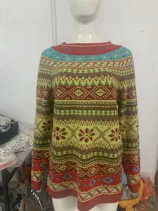 Detail view of women's round neck oversized knit sweater with colorful geometric patterns
