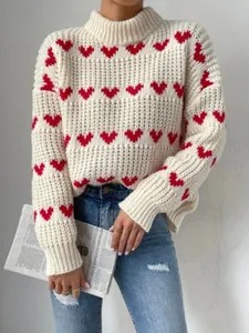 Women Casual Loose Heart Floral Jacquard Knit Sweater Round Neck Long Sleeve Pullover Soft Warm Autumn Winter Knitwear Top