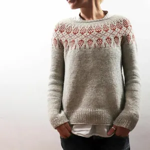 Women Round Neck Color Block Loose Pullover Knitted Sweater European American Style Fashion Long Sleeve Knitwear Top Casual