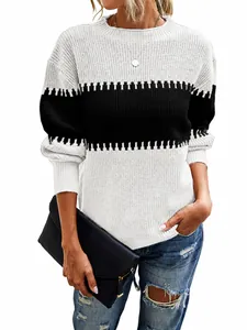 Casual colorblock striped crewneck sweater with stylish lantern sleeves for women