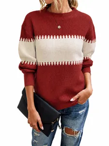 Trendy women's color block striped knit sweater featuring lantern sleeves and crew neck design