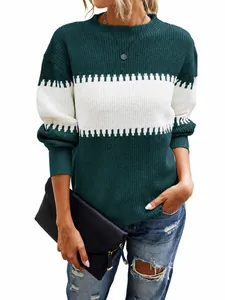 Women's color-block striped knit pullover sweater with lantern sleeves and round neck.