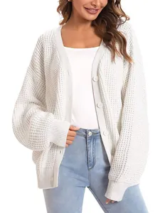 Women's V-Neck Single-Breasted Knit Cardigan Sweater Oversized Waffle Texture Loose Solid Color Long Sleeve Autumn Winter Warm Top