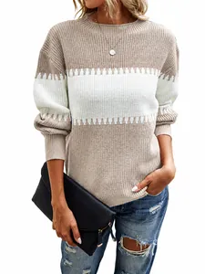 Elegant women's color-block striped knit sweater featuring lantern sleeves and crew neck
