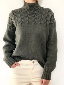 Women's Turtleneck Cable Knit Sweater Casual Solid Color Long Sleeve Pullover Soft Acrylic Knitwear Jumper For Autumn Winter