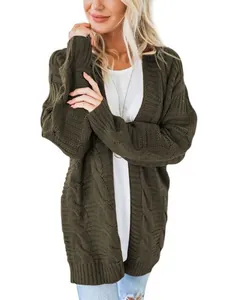 Cárdigan de punto trenzado verde militar para mujer, estilo largo de punto grueso