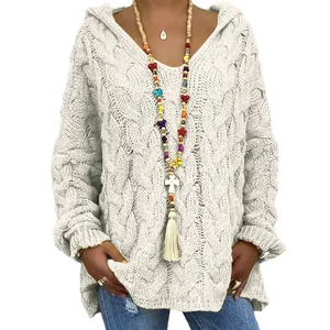 Pull à capuche blanc en maille torsadée pour femme, coupe ample et texture épaisse