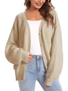 Women's chunky knit cardigan with single-breasted buttons in a comfortable loose fit