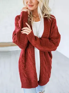 Cárdigan de punto de ochos rojo oscuro para mujer chaqueta larga gruesa de color sólido